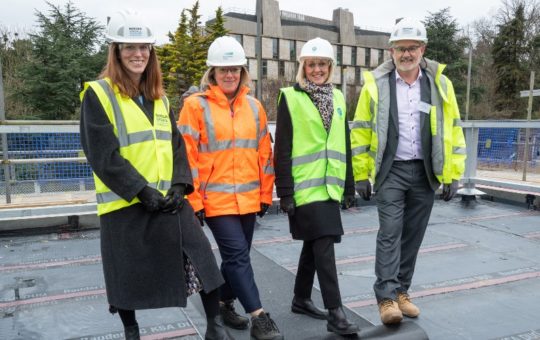 Image credit: Theo Moye 01/03/23 Topping out ceremony for the Centre for Resilience in Environment, Water and Waste (CREWW) at the University of Exeter's Streatham Campus with Vice-Chancellor Lisa Roberts, Susan Davy from South West Water and Dave Chudley from Morgan Sindall