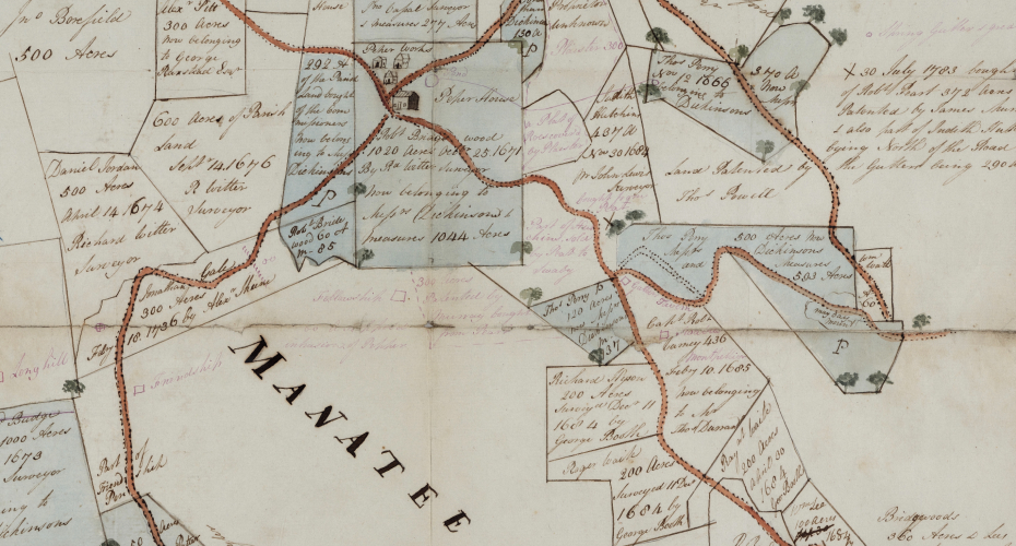 Portion of a map of the Dickinson family estate in Jamaica. South West Heritage Trust