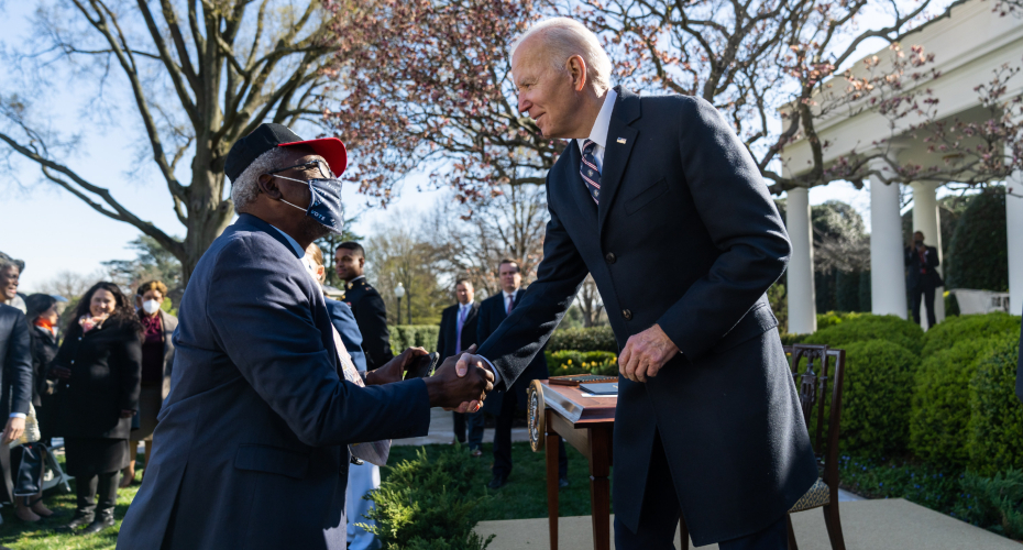 President Joe Biden greets guests after the signing of H.R. 55, the “Emmett Till Antilynching Act”, Tuesday, March 29, 2022, in the White House Rose Garden. (Official White House Photo by Erin Scott)