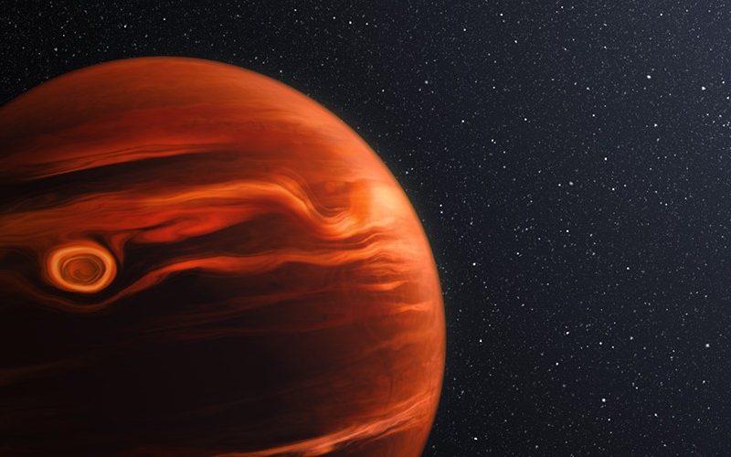 This illustration conceptualizes the swirling clouds identified by the James Webb Space Telescope in the atmosphere of exoplanet VHS 1256 b. The planet is about 40 light-years away and orbits two stars that are locked in their own tight rotation