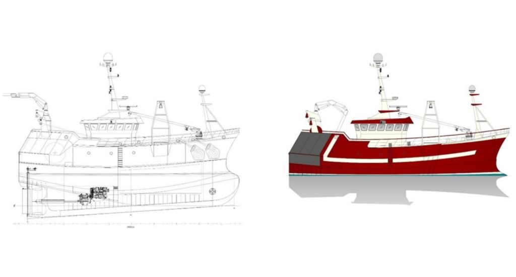 Designs showing the internal workings of a fishing boat