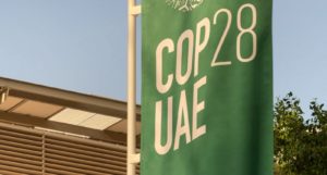 A COP28 flag at the conference in Dubai