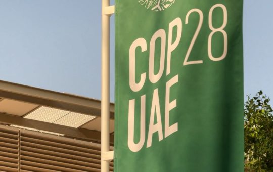 A COP28 flag at the conference in Dubai