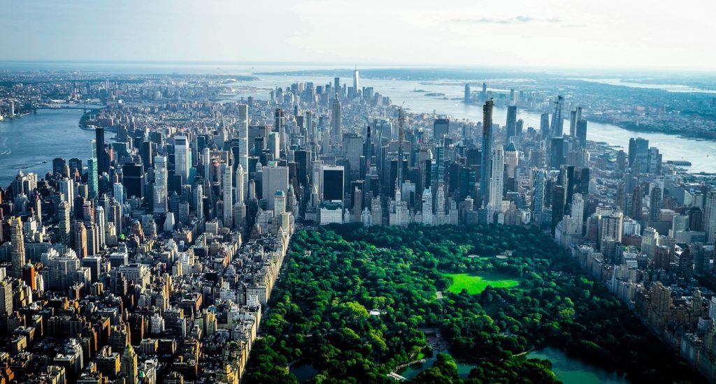 An aerial view of Manhattan, with Central Park visible