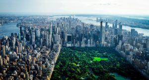 An aerial view of Manhattan, with Central Park visible