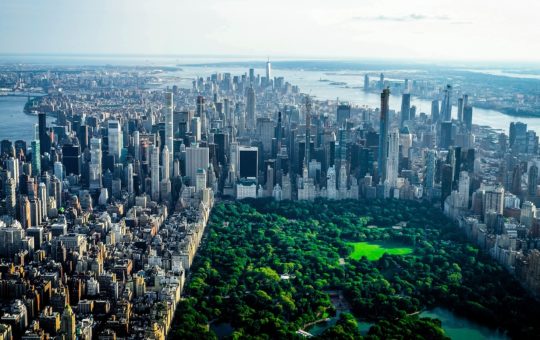 An aerial view of Manhattan, with Central Park visible