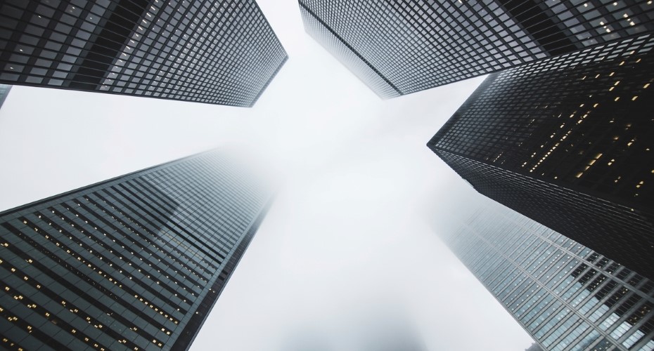 Skyscrapers on foggy day