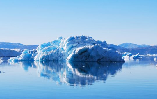 Fragments of ice in the sea, under clear skies