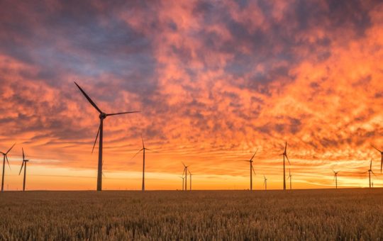 Wind turbines seen against a red/orange sky at dawn or sunset