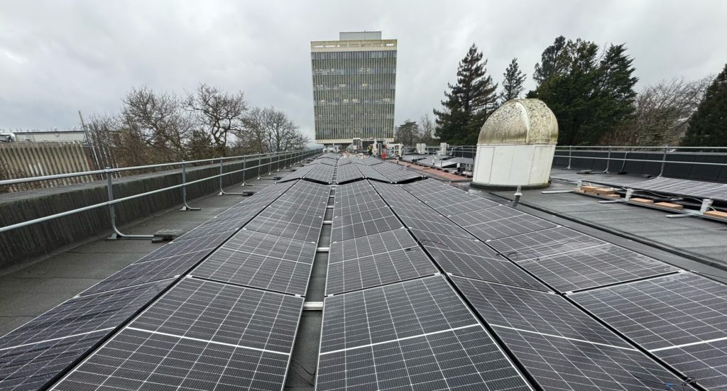 Solar panels on a rooftop at the University of Exeter