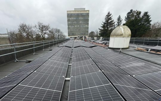 Solar panels on a rooftop at the University of Exeter