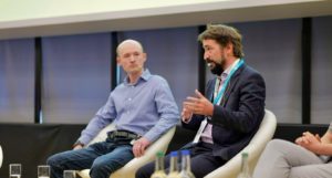 Professor Jean-Francois Mercure (right) and Simon Sharpe on a panel at the University of Exeter