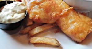 A plate of fried fish and chips