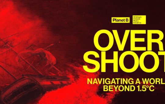 Yellow writing that says Overshoot: navigating a world beyond 1.5C. The background is red and shows a sailing ship in a storm