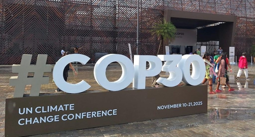A large COP30 sign outside the conference venue in Belem, Brazil