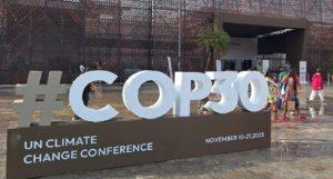 A large COP30 sign outside the conference venue in Belem, Brazil
