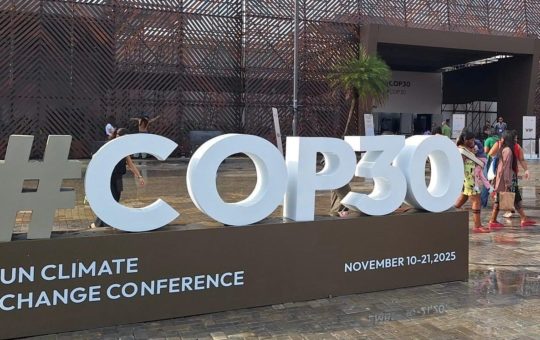 A large COP30 sign outside the conference venue in Belem, Brazil