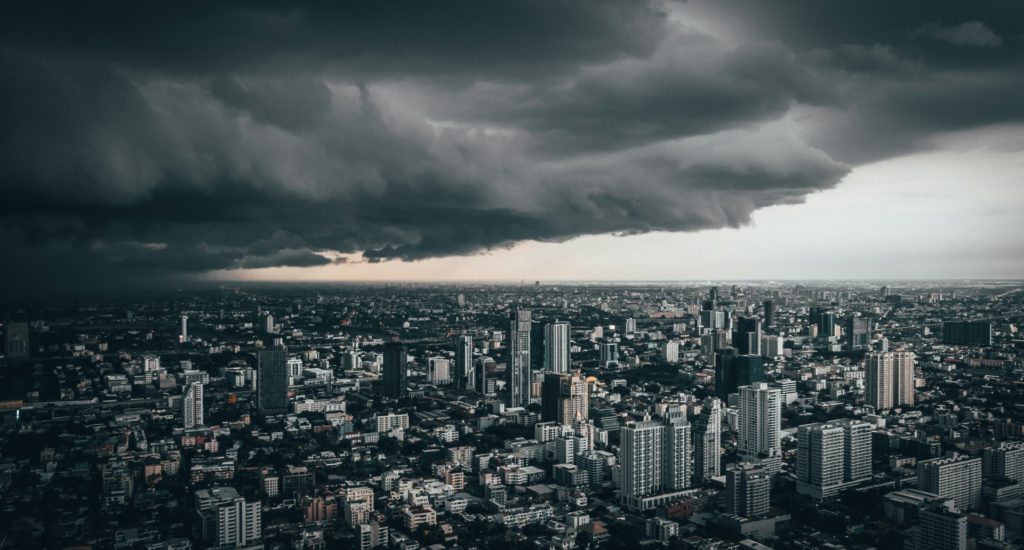 Storm clouds over a large city