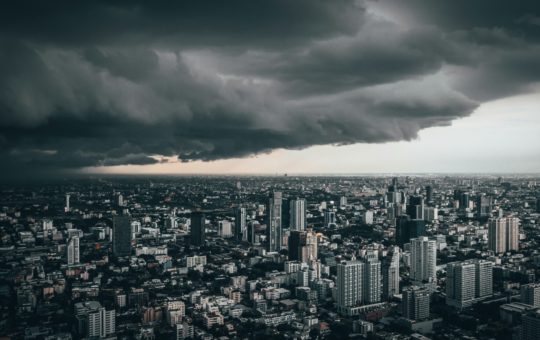 Storm clouds over a large city
