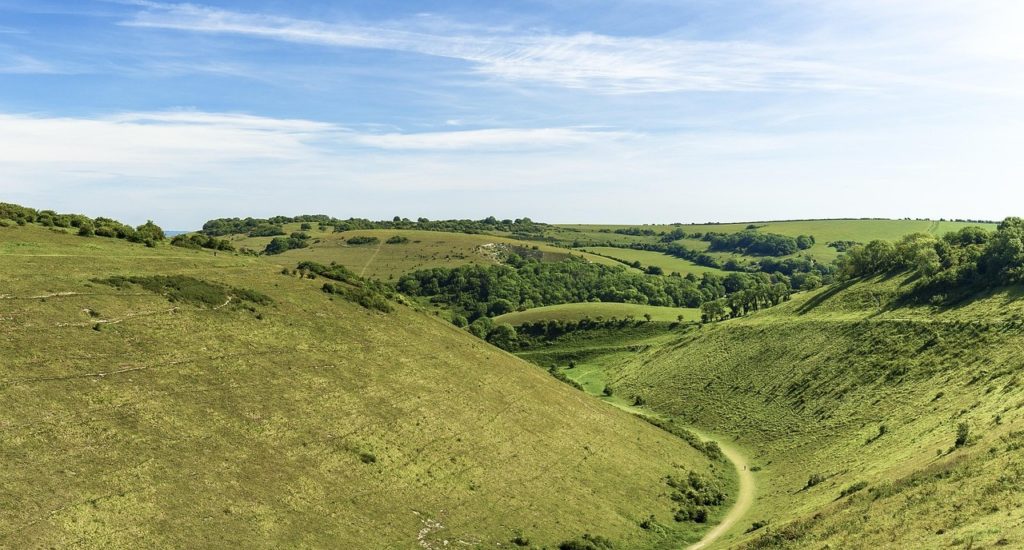 Chalk grasslands - a grassy valley under blue skies and sunshine