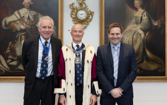 Award winner Dr Alex Dudgeon (right) with Master Needlemaker Nick Macrae (centre) and Court Assistant Kimball Bailey (left) at Haberdashers’ Hall