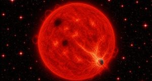 Artists impression of a planet closed to be swallowed by its parent star (image created by AI – Credit Rob Jeffries)