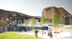 A shot of the Forum and Great Hall as seen from outside at the University of Exeter's Streatham Campus