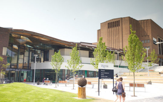 A shot of the Forum and Great Hall as seen from outside at the University of Exeter's Streatham Campus
