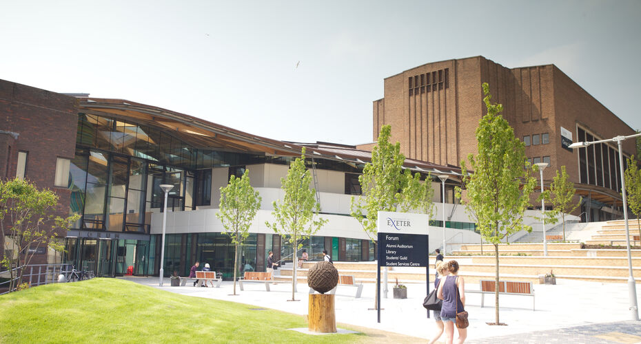 A shot of the Forum and Great Hall as seen from outside at the University of Exeter's Streatham Campus