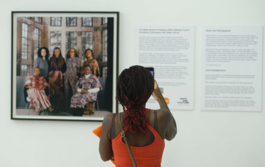 A person taking a photograph of a portrait on the wall.