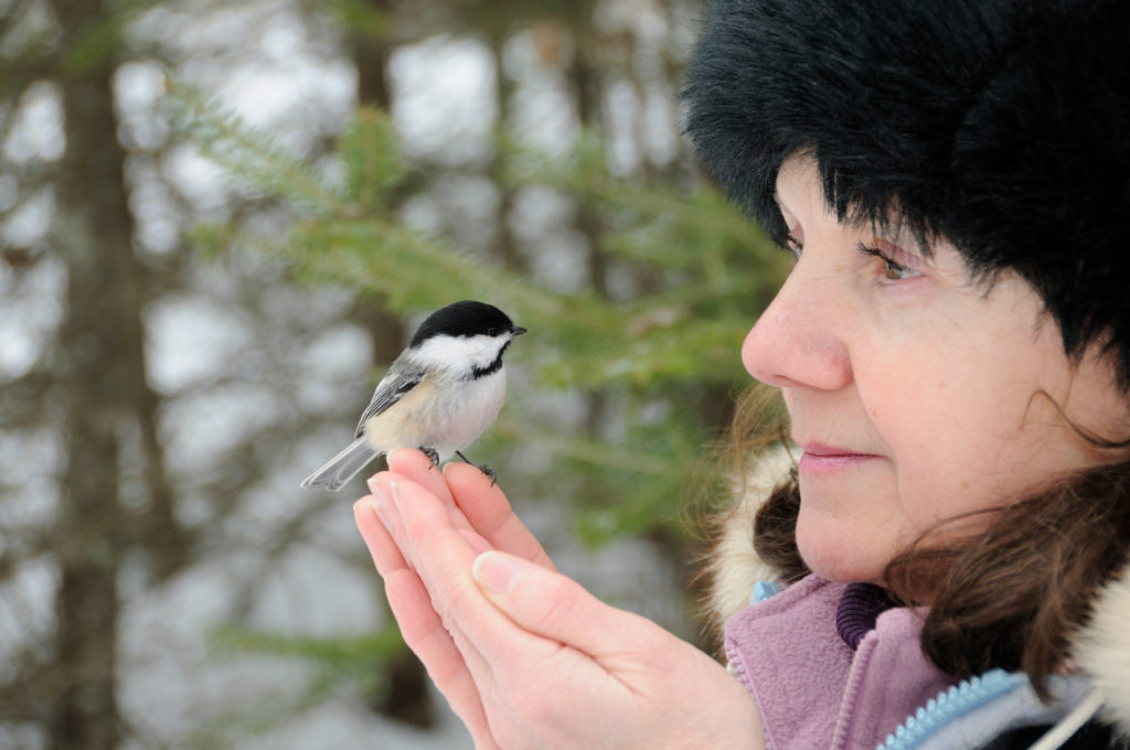 A woman holding a small bird on her finger