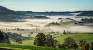 A green landscape of farmland and woodland with mist in a central valley